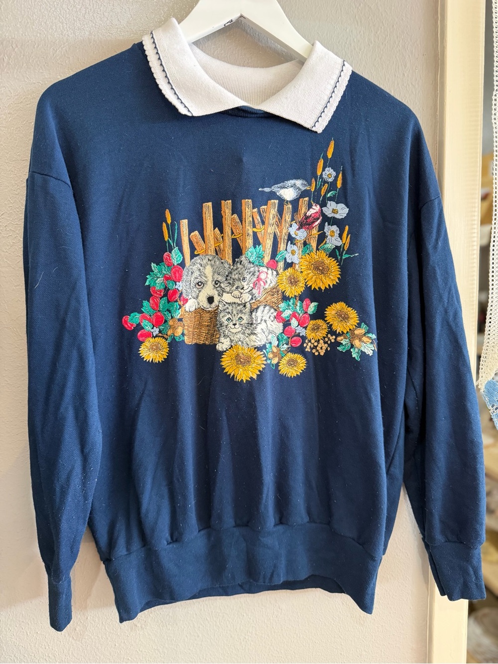 Basic Editions Navy Sweater with Embroidered Puppies and Floral Motif